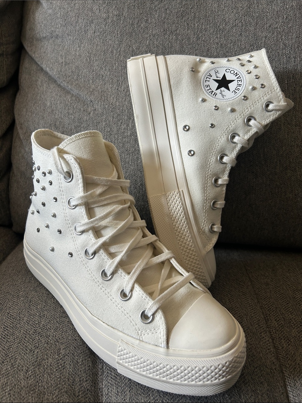 Converse High Top Platform Sneakers with Silver Studs and pearls